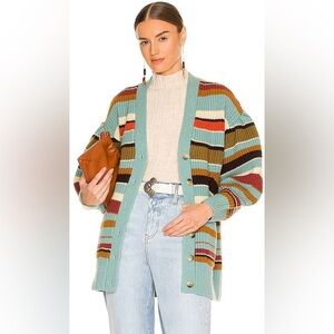 Ulla Johnson Teal Striped Tillie Ballon Sleeve Cardigan Sweater Size Small